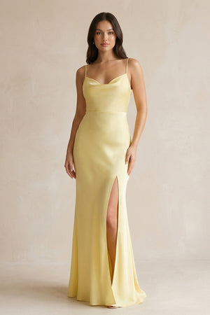 Cami Strap Sheath Satin Bridesmaid Dress With Slit in Pastel Yellow - SHE IS ME Bridesmaid Dresses
