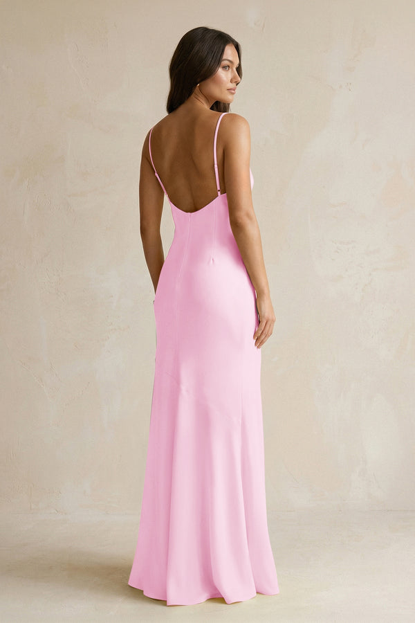 Cami Strap Sheath Satin Bridesmaid Dress With Slit in Pink - KISS BRIDAL Bridesmaid Dresses