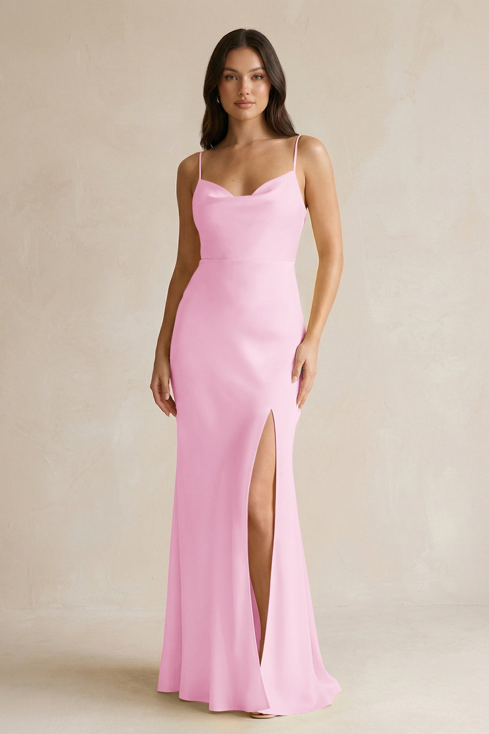 Cami Strap Sheath Satin Bridesmaid Dress With Slit in Pink - KISS BRIDAL Bridesmaid Dresses
