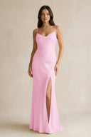 Cami Strap Sheath Satin Bridesmaid Dress With Slit in Pink - KISS BRIDAL Bridesmaid Dresses