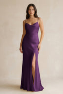 Cami Strap Sheath Satin Bridesmaid Dress With Slit in Plum - KISS BRIDAL Bridesmaid Dresses