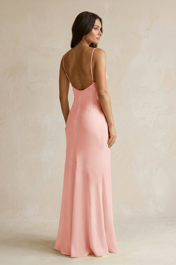 Cami Strap Sheath Satin Bridesmaid Dress With Slit in Rose Petal - KISS BRIDAL Bridesmaid Dresses