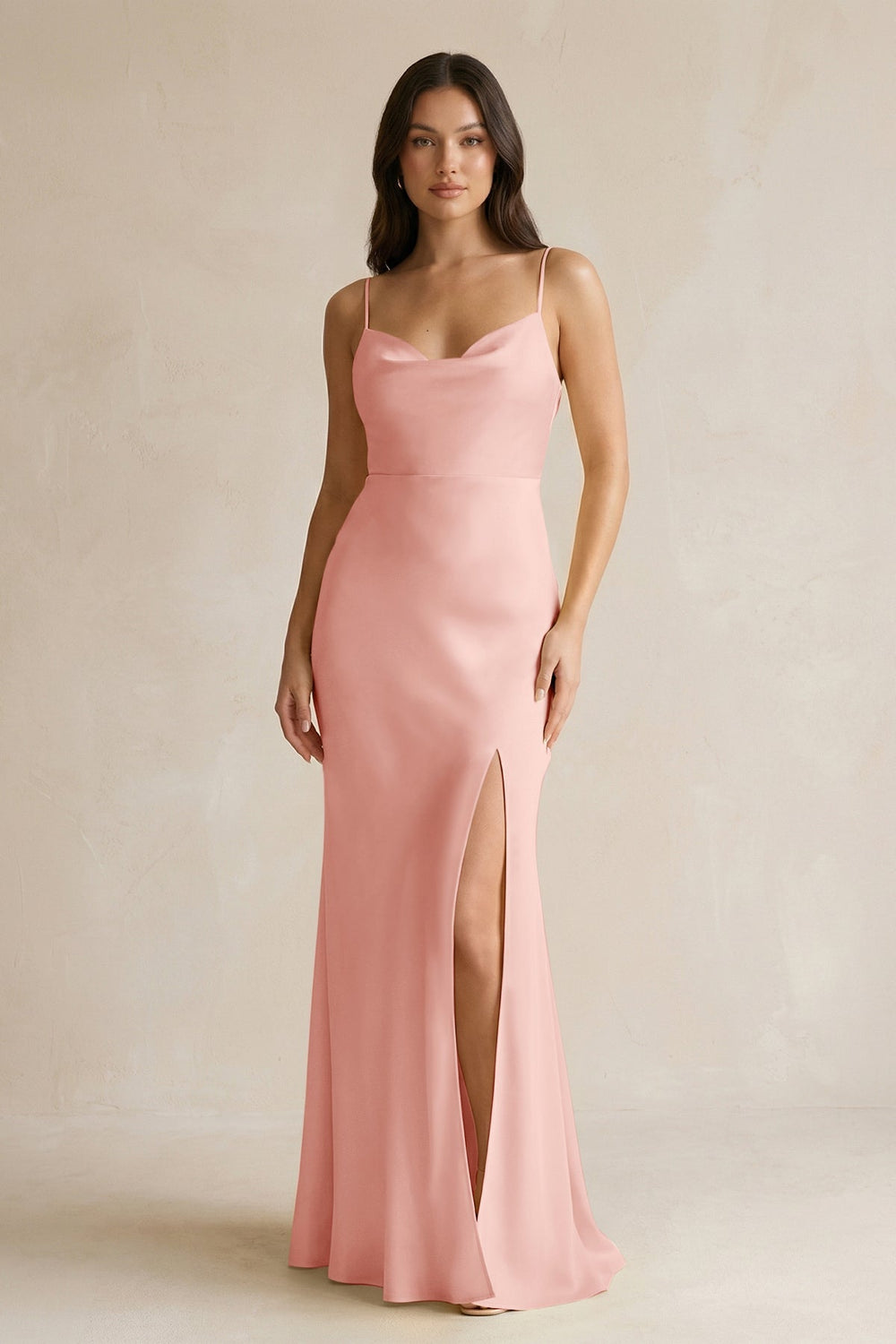 Cami Strap Sheath Satin Bridesmaid Dress With Slit in Rose Petal - KISS BRIDAL Bridesmaid Dresses