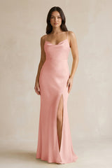 Cami Strap Sheath Satin Bridesmaid Dress With Slit in Rose Petal - KISS BRIDAL Bridesmaid Dresses