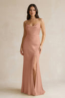 Cami Strap Sheath Satin Bridesmaid Dress With Slit in Rosette - KISS BRIDAL Bridesmaid Dresses