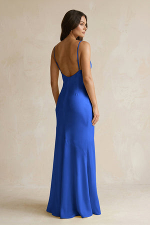 Cami Strap Sheath Satin Bridesmaid Dress With Slit in Royal Blue - KISS BRIDAL Bridesmaid Dresses