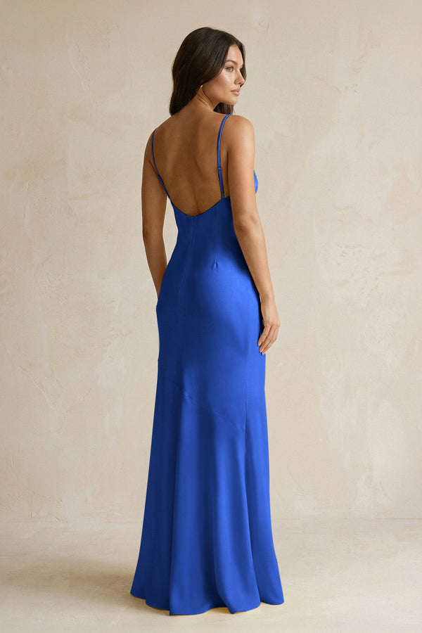Cami Strap Sheath Satin Bridesmaid Dress With Slit in Royal Blue - KISS BRIDAL Bridesmaid Dresses