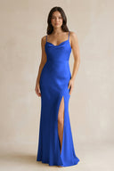 Cami Strap Sheath Satin Bridesmaid Dress With Slit in Royal Blue - KISS BRIDAL Bridesmaid Dresses