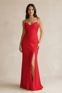 Cami Strap Sheath Satin Bridesmaid Dress With Slit in Ruby Red - KISS BRIDAL Bridesmaid Dresses