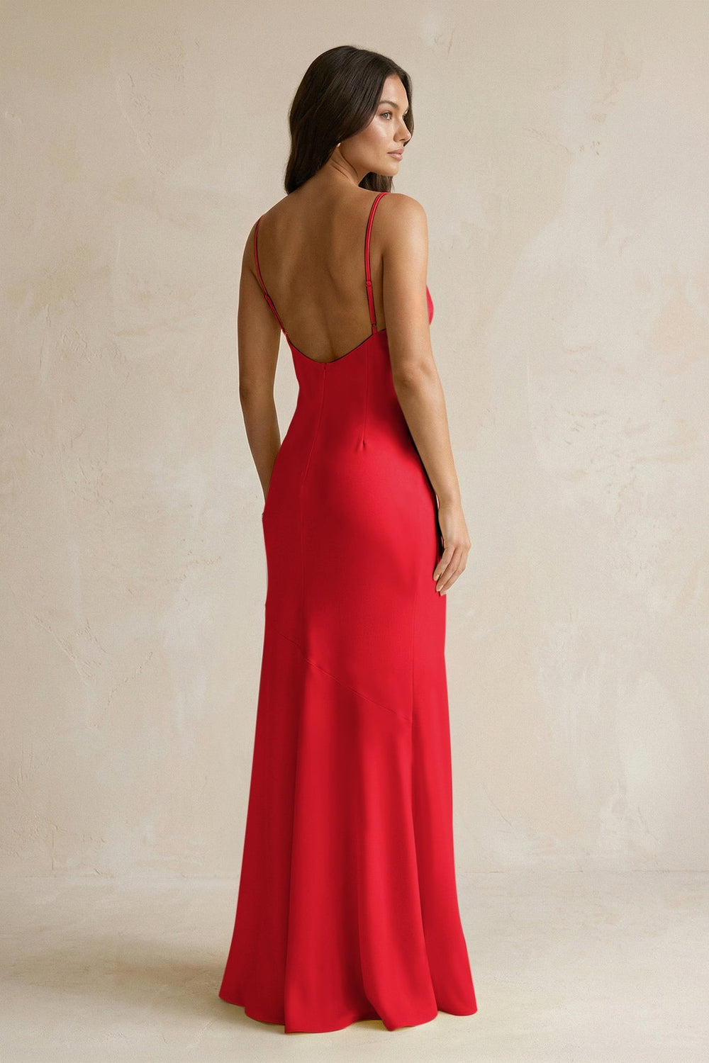 Cami Strap Sheath Satin Bridesmaid Dress With Slit in Ruby Red - KISS BRIDAL Bridesmaid Dresses