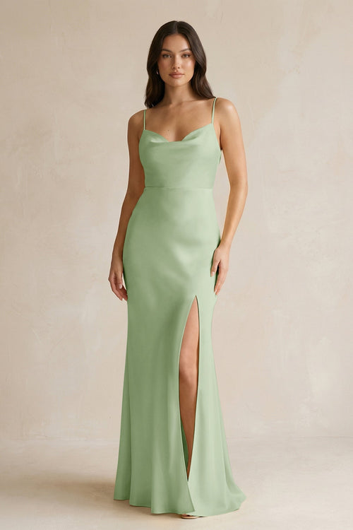 Cami Strap Sheath Satin Bridesmaid Dress With Slit in Sage - KISS BRIDAL Bridesmaid Dresses