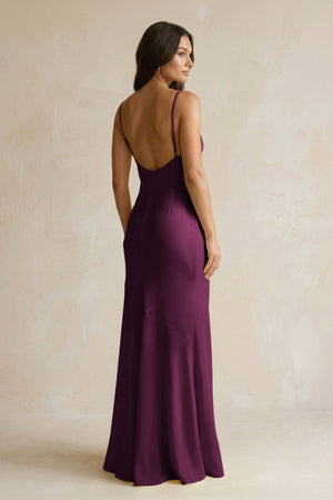 Cami Strap Sheath Satin Bridesmaid Dress With Slit in Sangria - KISS BRIDAL Bridesmaid Dresses
