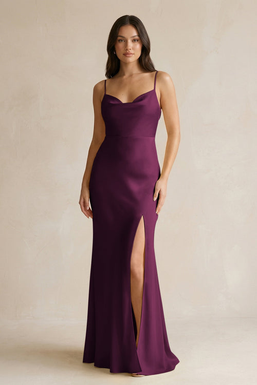 Cami Strap Sheath Satin Bridesmaid Dress With Slit in Sangria - KISS BRIDAL Bridesmaid Dresses