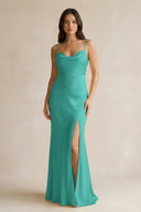 Cami Strap Sheath Satin Bridesmaid Dress With Slit in Sea Glass - KISS BRIDAL Bridesmaid Dresses