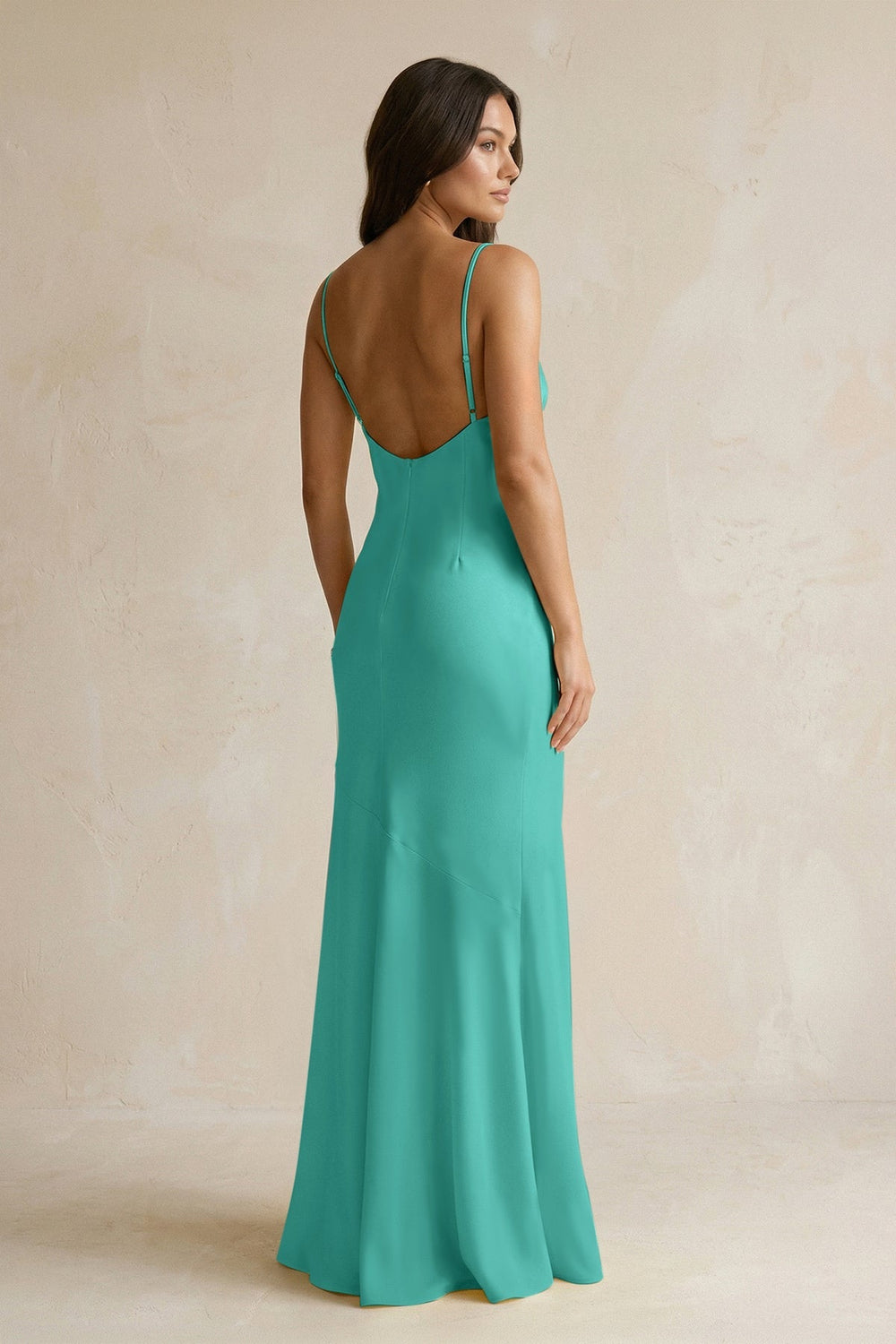 Cami Strap Sheath Satin Bridesmaid Dress With Slit in Sea Glass - KISS BRIDAL Bridesmaid Dresses