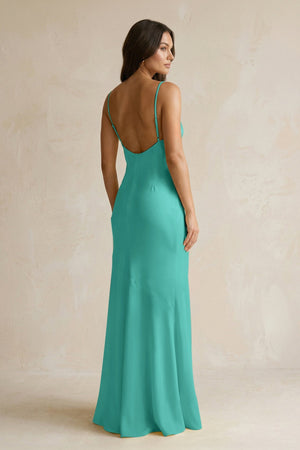 Cami Strap Sheath Satin Bridesmaid Dress With Slit in Sea Glass - KISS BRIDAL Bridesmaid Dresses