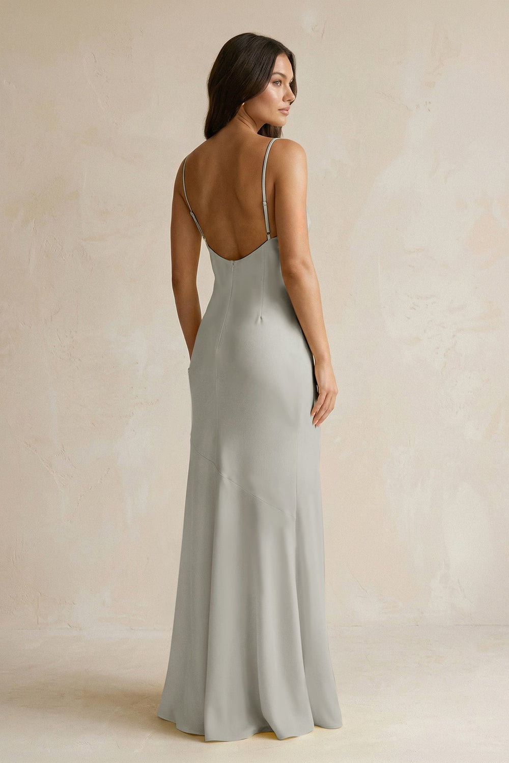Cami Strap Sheath Satin Bridesmaid Dress With Slit in Silver - KISS BRIDAL Bridesmaid Dresses