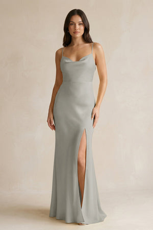 Cami Strap Sheath Satin Bridesmaid Dress With Slit in Silver - KISS BRIDAL Bridesmaid Dresses
