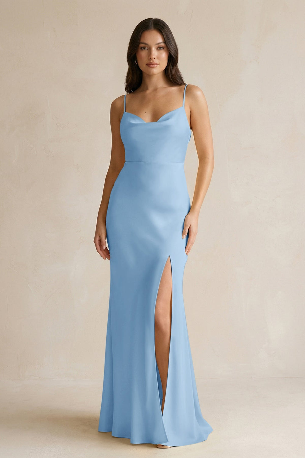 Cami Strap Sheath Satin Bridesmaid Dress With Slit in Sky Blue - KISS BRIDAL Bridesmaid Dresses