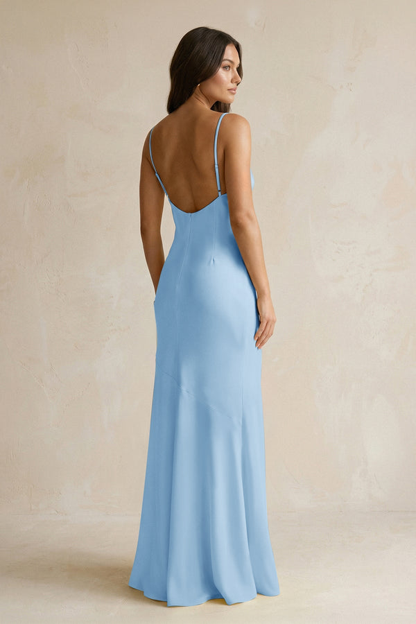 Cami Strap Sheath Satin Bridesmaid Dress With Slit in Sky Blue - KISS BRIDAL Bridesmaid Dresses