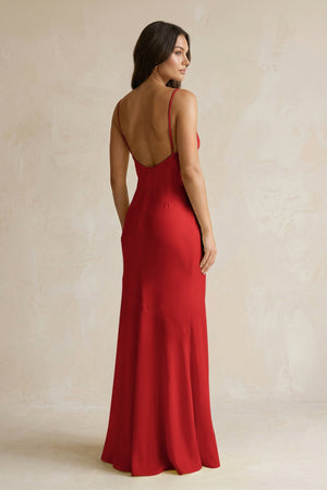 Cami Strap Sheath Satin Bridesmaid Dress With Slit in Spice - KISS BRIDAL Bridesmaid Dresses