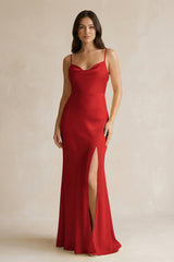 Cami Strap Sheath Satin Bridesmaid Dress With Slit in Spice - KISS BRIDAL Bridesmaid Dresses