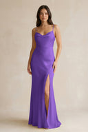 Cami Strap Sheath Satin Bridesmaid Dress With Slit in Tahiti - KISS BRIDAL Bridesmaid Dresses