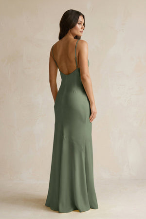 Cami Strap Sheath Satin Bridesmaid Dress With Slit in Thyme - KISS BRIDAL Bridesmaid Dresses