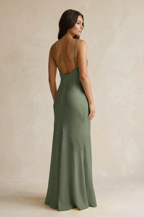 Cami Strap Sheath Satin Bridesmaid Dress With Slit in Thyme - KISS BRIDAL Bridesmaid Dresses