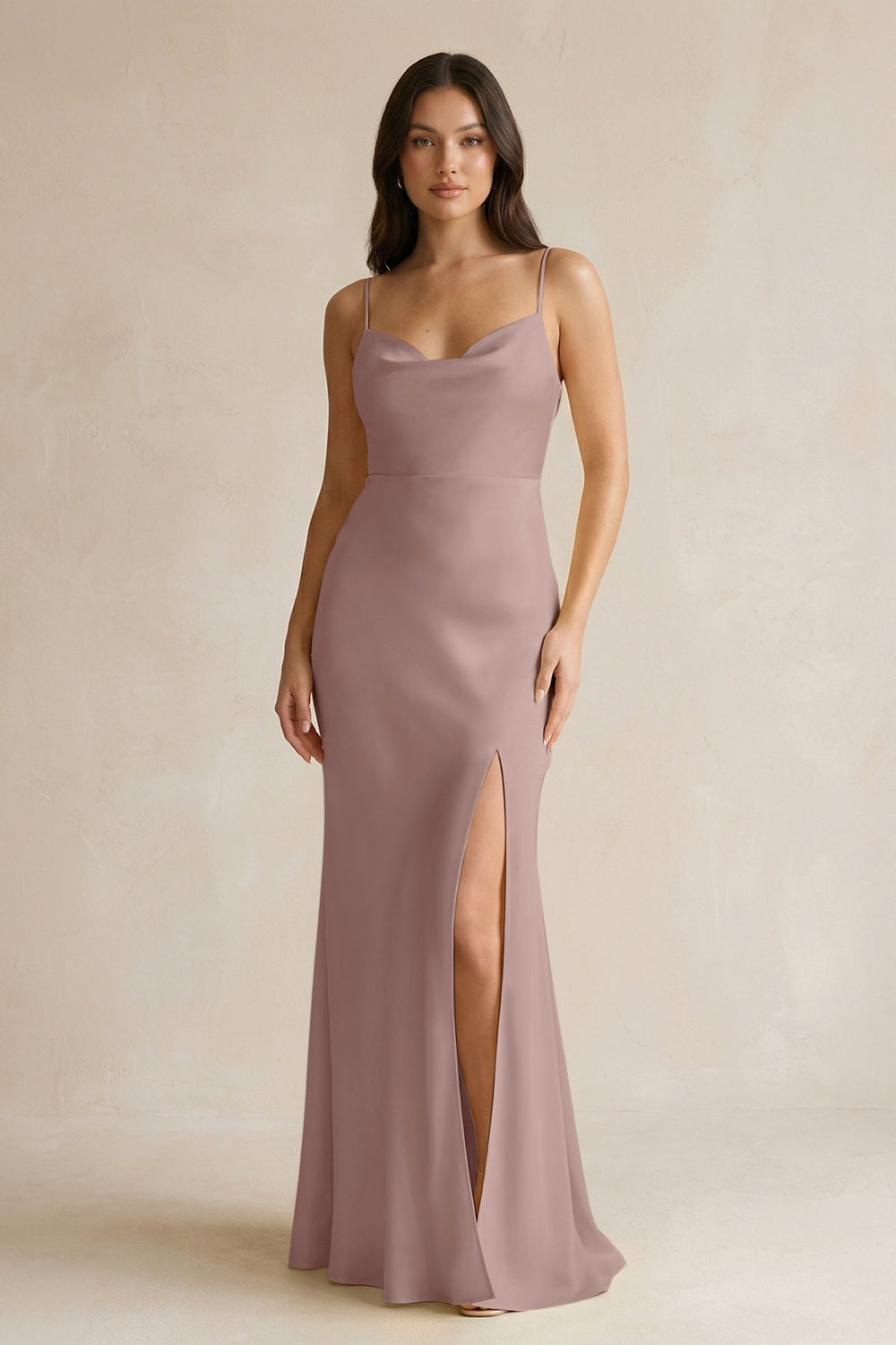 Cami Strap Sheath Satin Bridesmaid Dress With Slit in Toffee - KISS BRIDAL Bridesmaid Dresses