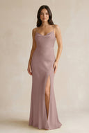Cami Strap Sheath Satin Bridesmaid Dress With Slit in Toffee - KISS BRIDAL Bridesmaid Dresses