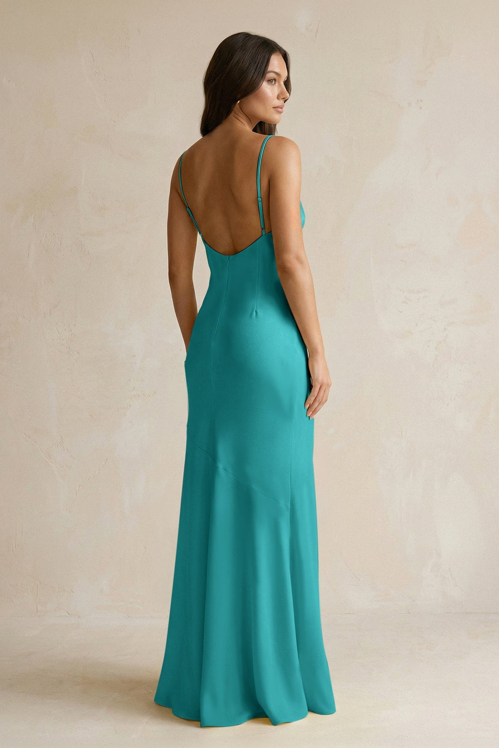 Cami Strap Sheath Satin Bridesmaid Dress With Slit in Turquoise - KISS BRIDAL Bridesmaid Dresses