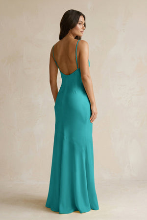 Cami Strap Sheath Satin Bridesmaid Dress With Slit in Turquoise - KISS BRIDAL Bridesmaid Dresses