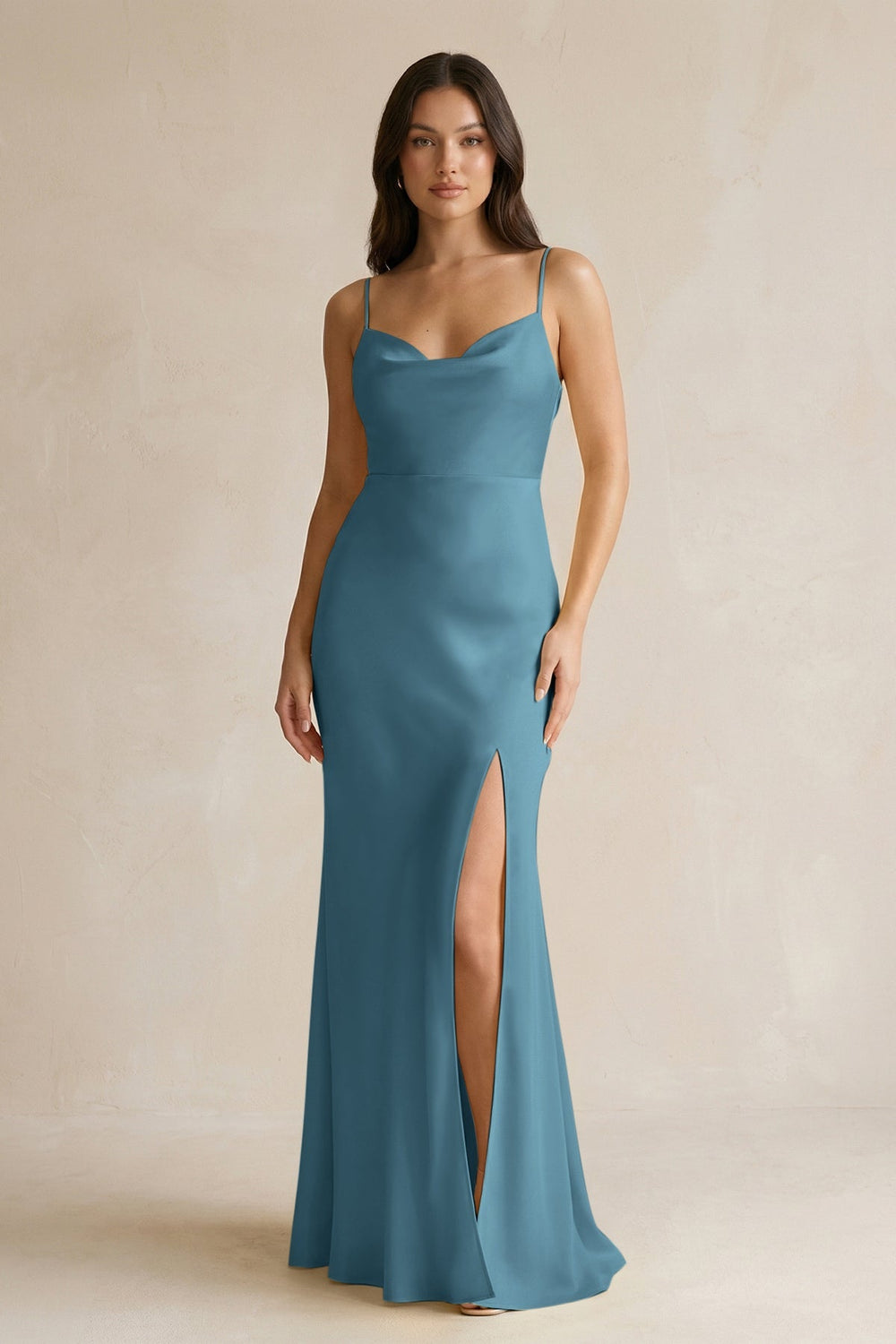 Cami Strap Sheath Satin Bridesmaid Dress With Slit in Twilight - KISS BRIDAL Bridesmaid Dresses