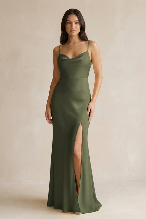 Cami Strap Sheath Satin Bridesmaid Dress With Slit in Willow Green - KISS BRIDAL Bridesmaid Dresses