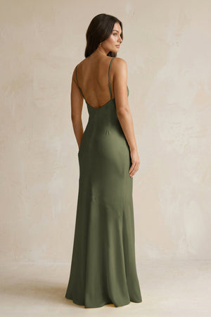 Cami Strap Sheath Satin Bridesmaid Dress With Slit in Willow Green - KISS BRIDAL Bridesmaid Dresses