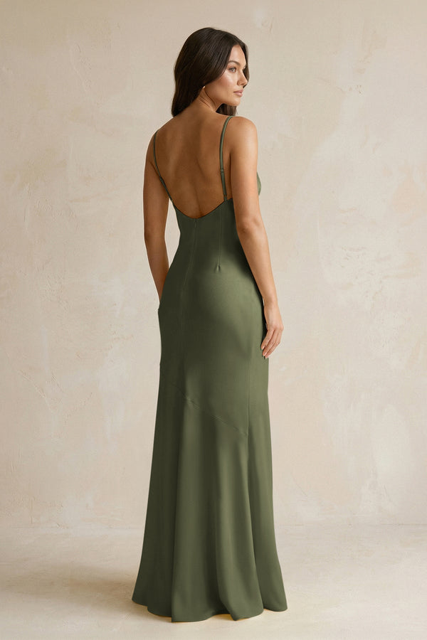 Cami Strap Sheath Satin Bridesmaid Dress With Slit in Willow Green - KISS BRIDAL Bridesmaid Dresses