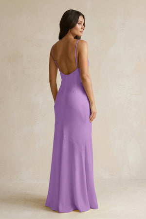 Cami Strap Sheath Satin Bridesmaid Dress With Slit in Wisteria - KISS BRIDAL Bridesmaid Dresses