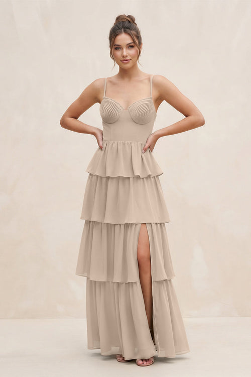 Cami Strap Tiered A - Line Chiffon Bridesmaid Dress in Almond - SHE IS ME Bridesmaid Dresses