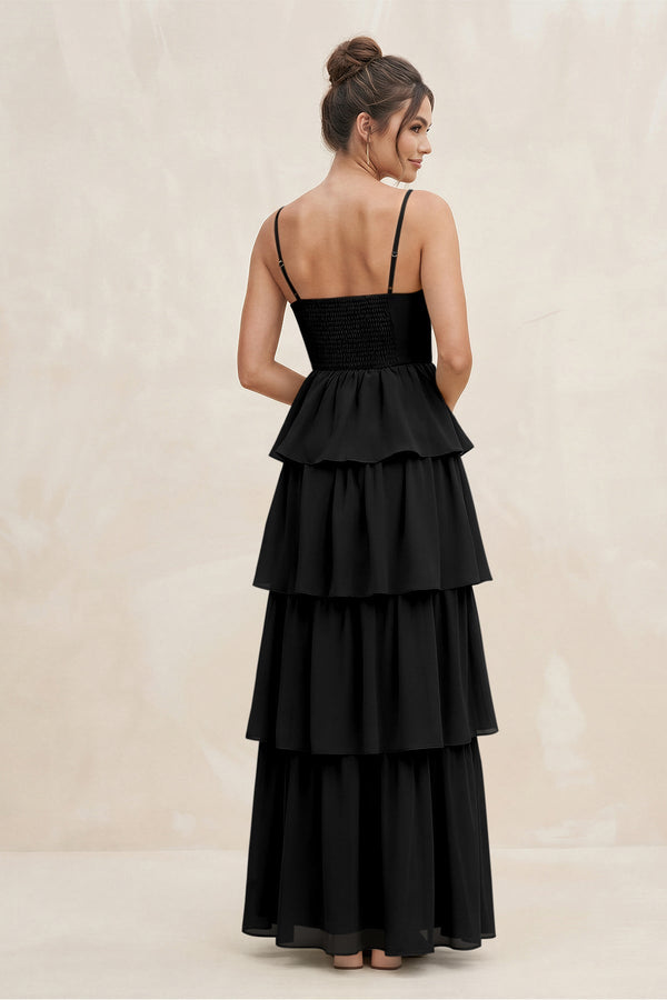 Cami Strap Tiered A - Line Chiffon Bridesmaid Dress in Black - SHE IS ME Bridesmaid Dresses