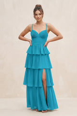 Cami Strap Tiered A - Line Chiffon Bridesmaid Dress in Blue Jay - KISS BRIDAL Bridesmaid Dresses