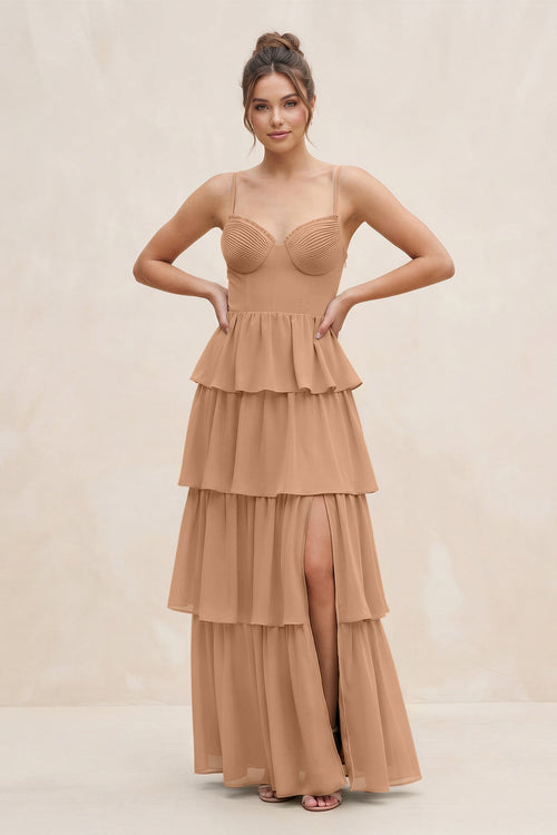 Cami Strap Tiered A - Line Chiffon Bridesmaid Dress in Bronzer - SHE IS ME Bridesmaid Dresses