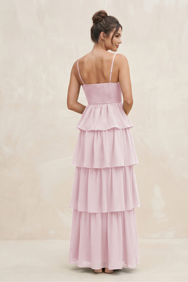 Cami Strap Tiered A - Line Chiffon Bridesmaid Dress in Candy Pink - SHE IS ME Bridesmaid Dresses