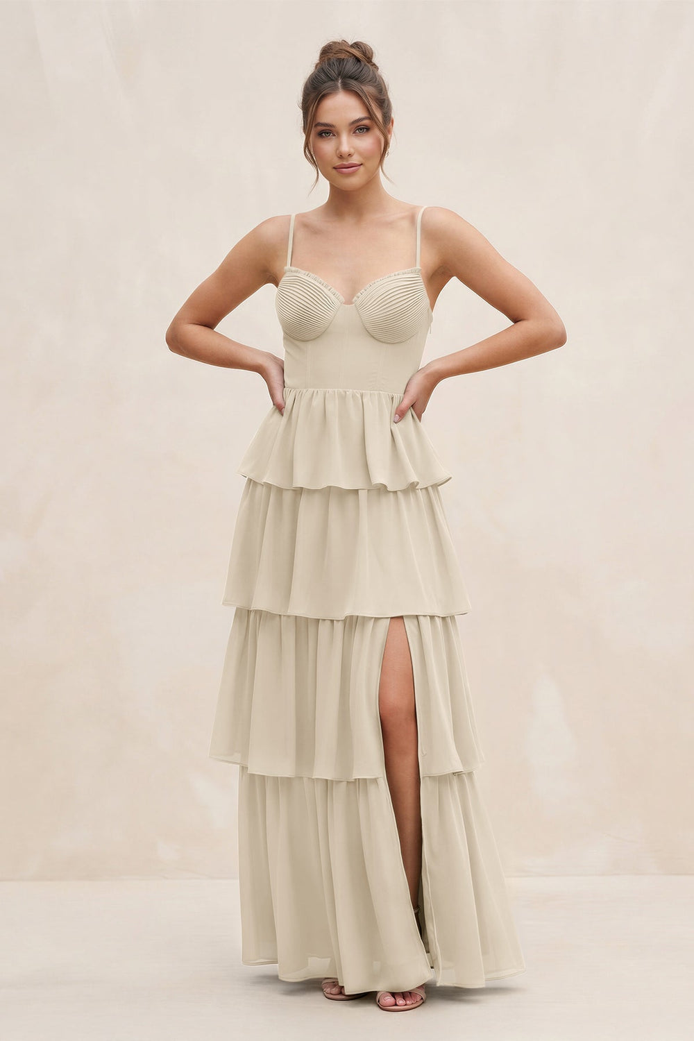 Cami Strap Tiered A - Line Chiffon Bridesmaid Dress in Champagne - KISS BRIDAL Bridesmaid Dresses