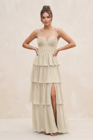 Cami Strap Tiered A - Line Chiffon Bridesmaid Dress in Champagne - SHE IS ME Bridesmaid Dresses