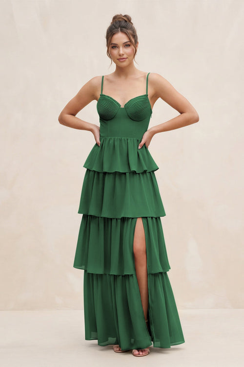 Cami Strap Tiered A - Line Chiffon Bridesmaid Dress in Dark Green - SHE IS ME Bridesmaid Dresses