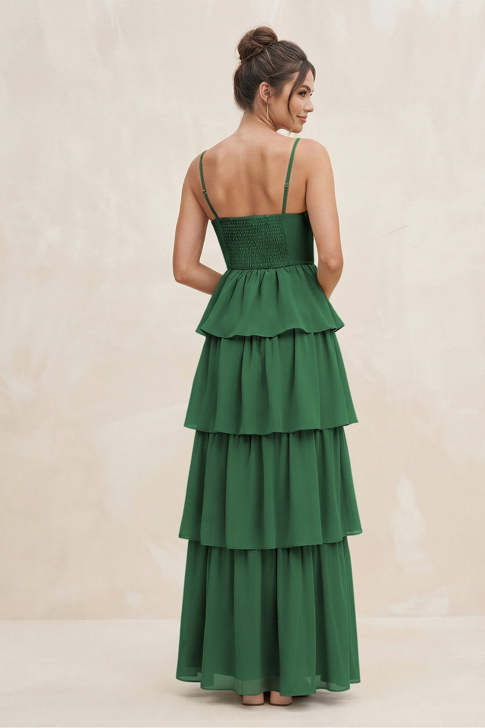 Cami Strap Tiered A - Line Chiffon Bridesmaid Dress in Dark Green - KISS BRIDAL Bridesmaid Dresses