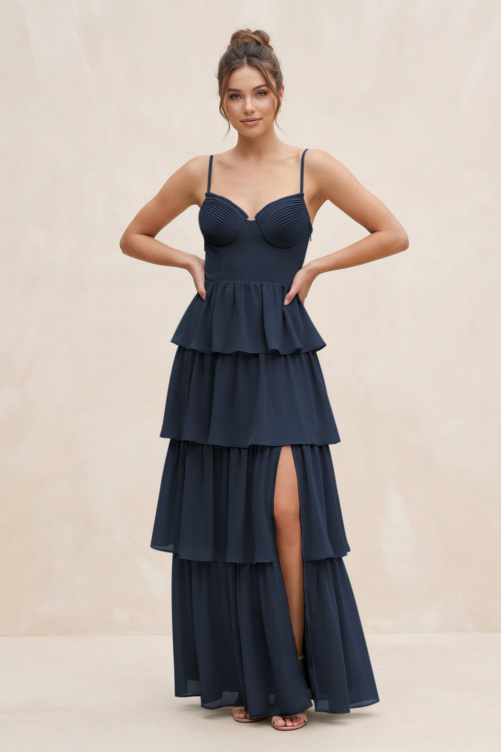 Cami Strap Tiered A - Line Chiffon Bridesmaid Dress in Dark Navy - KISS BRIDAL Bridesmaid Dresses