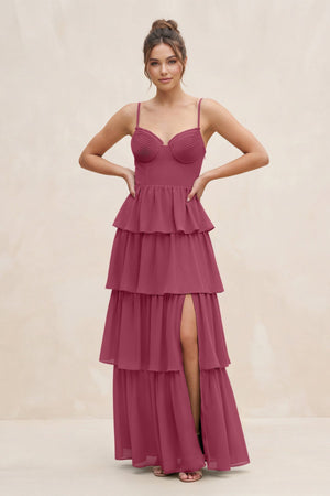 Cami Strap Tiered A - Line Chiffon Bridesmaid Dress in Desert Rose - SHE IS ME Bridesmaid Dresses
