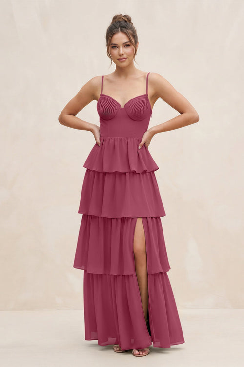Cami Strap Tiered A - Line Chiffon Bridesmaid Dress in Desert Rose - SHE IS ME Bridesmaid Dresses